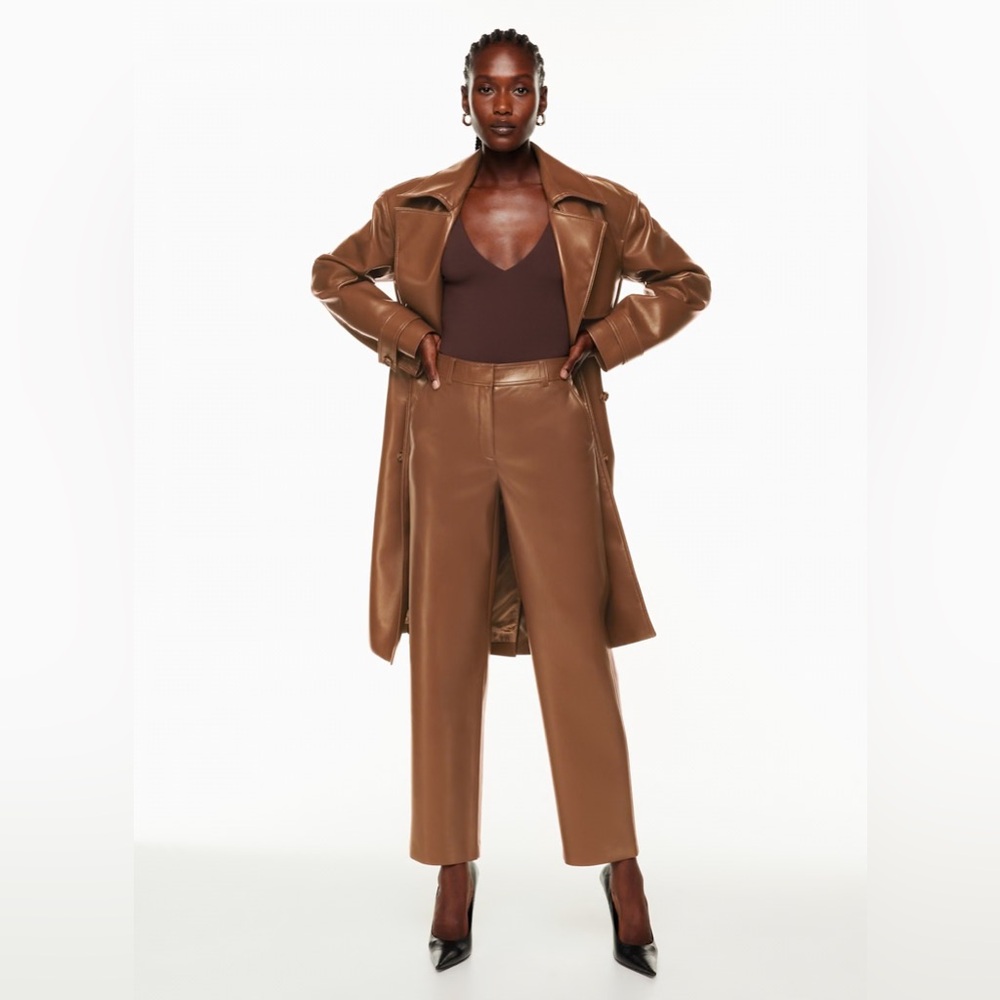 Aritzia Babaton Command Vegan Leather Straight Pant in the Cognac Sz 14